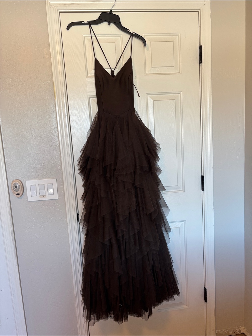 Macy's Dark Brown Tiered Tulle Maxi Dress with Spaghetti Straps
